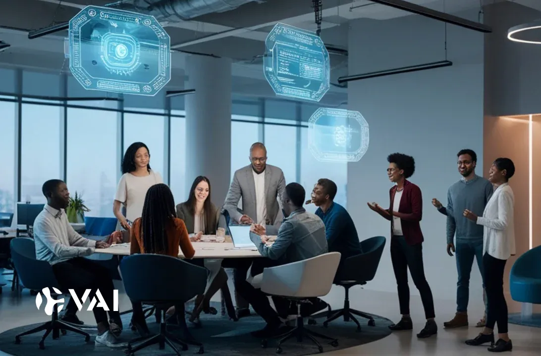 Team meeting in a modern office with AI hologram icons overhead