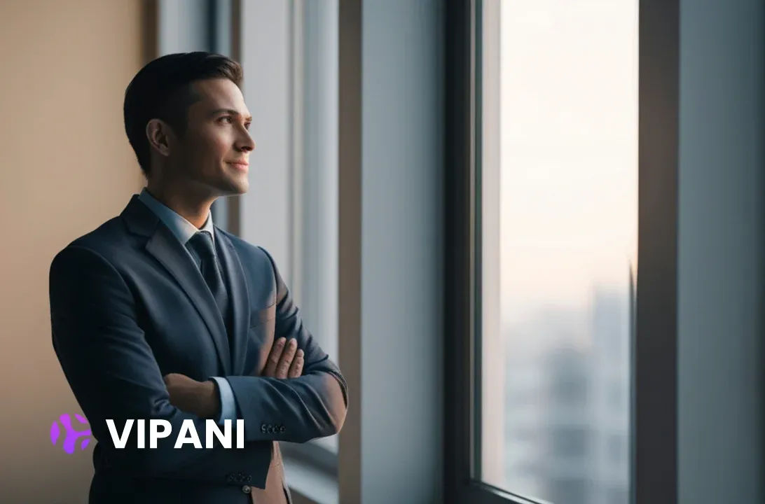 Executive in a suit looking out of an office window, weighing a decision