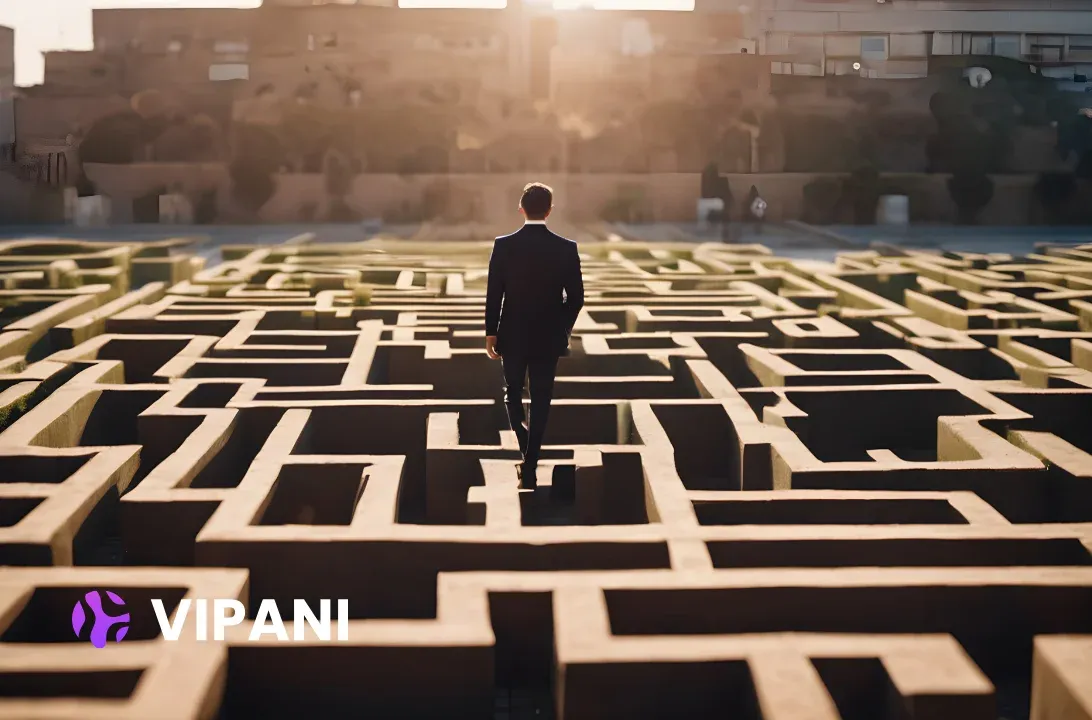 Businessman standing in the middle of a large maze, representing fragmented data