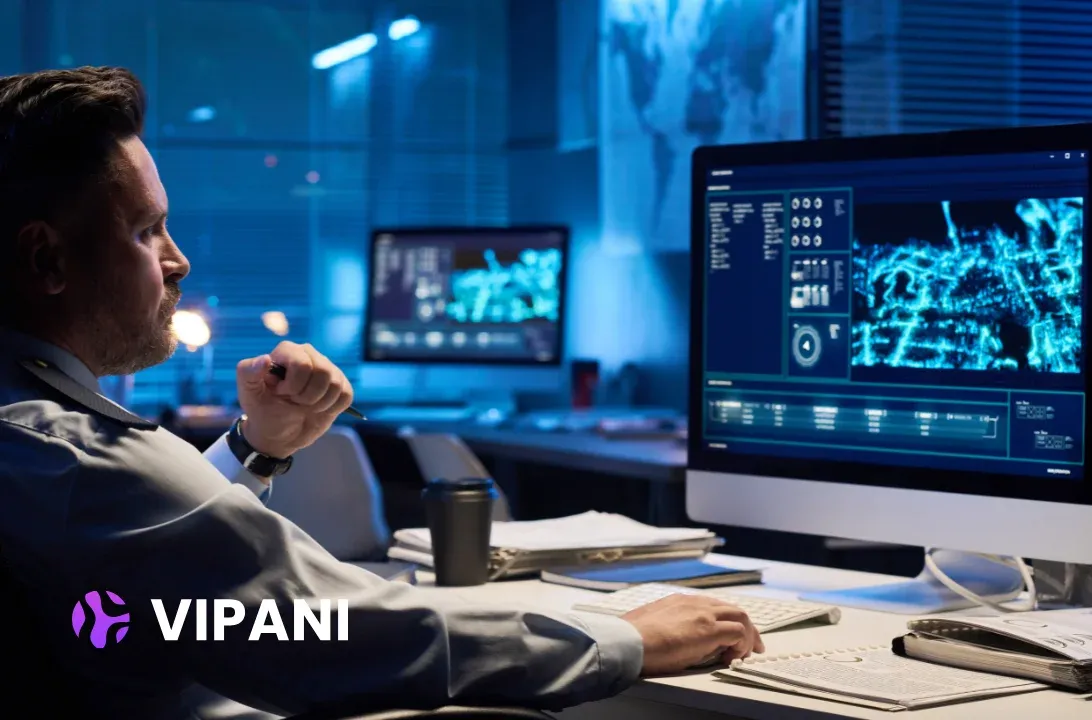 Analyst reviewing performance data on multiple monitors in a dark office