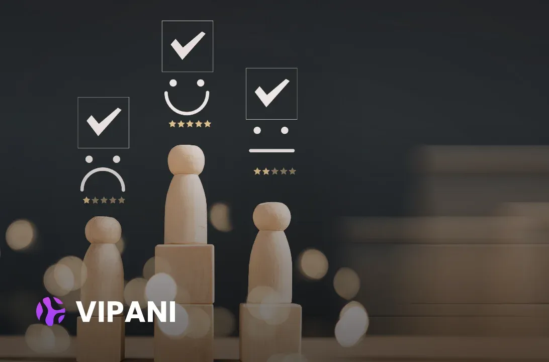 Wooden figures with happy and sad rating icons and checkmarks above them